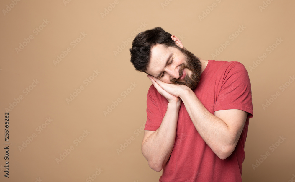 Close-up portrait of his he nice attractive handsome calm bearded guy wearing checked t-shirt showing sleeping gesture isolated over beige pastel background Close-up portrait of his he nice attractive handsome calm bearded guy wearing checked t-shirt showing sleeping gesture isolated over beige pastel background