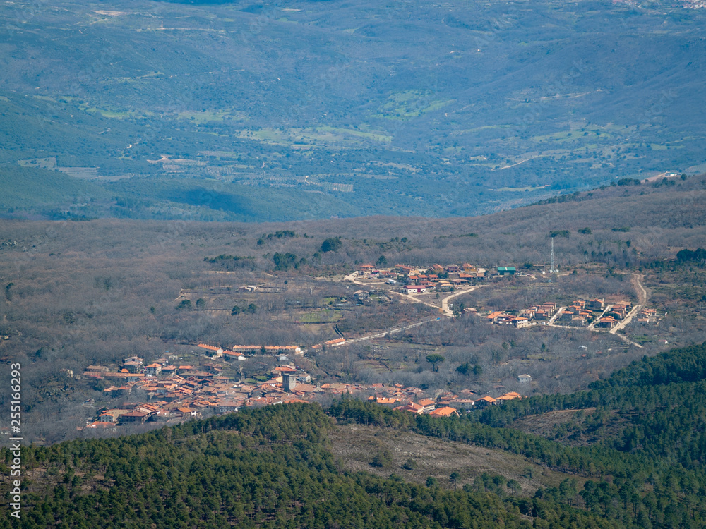 Aerial view of a mountain landscape from La Pena de Francia in La Alberca (Salamanca)