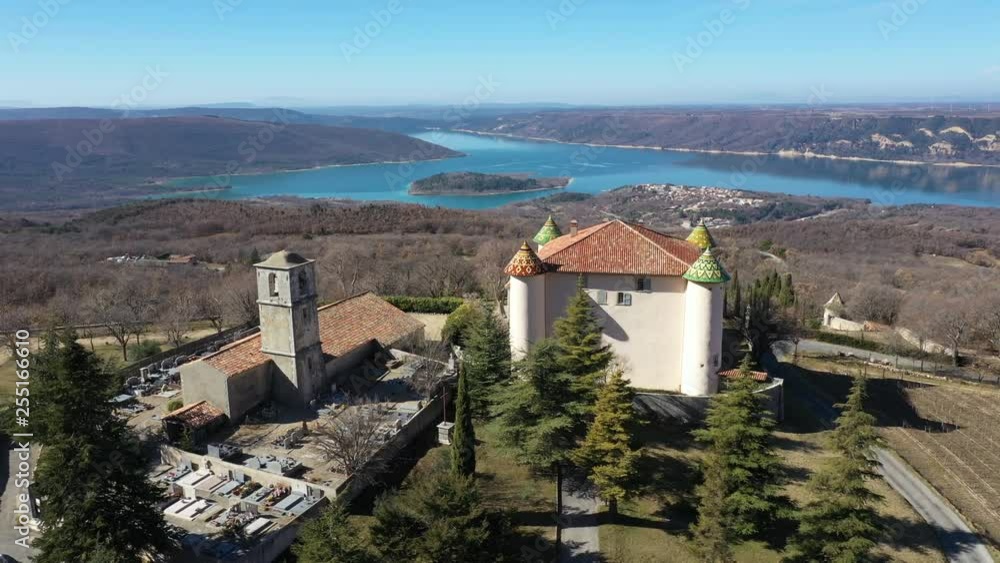 Aerial view of Aiguines castle, and beautiful turquoise St Croix lake in background Aerial view of Aiguines castle, and beautiful turquoise St Croix lake in background