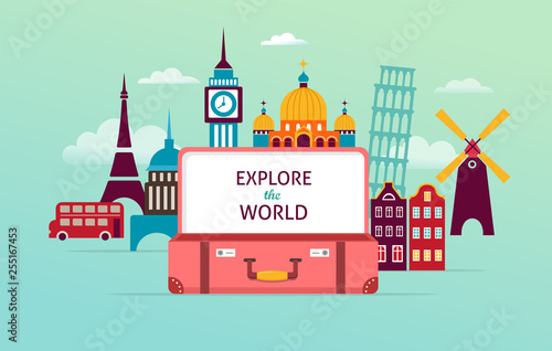 Travel and tourism concept design with open suitcase. Vector illustration