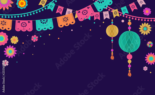 Mexican Fiesta banner and poster design with flags, flowers, decorations