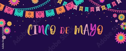 Cinco de Mayo - May 5, federal holiday in Mexico. Fiesta banner and poster design with flags, flowers, decorations