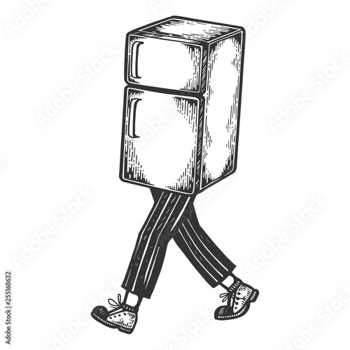 Fridge walks on its feet sketch engraving vector illustration. Scratch board style imitation. Black and white hand drawn image.