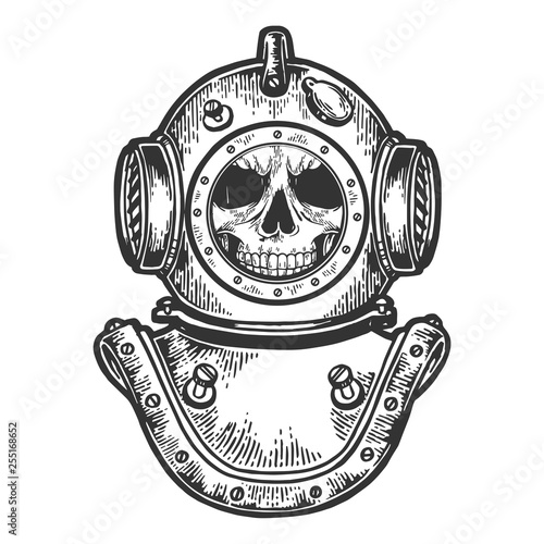 Human skull diving helmet sketch engraving vector illustration. Scratch board style imitation. Hand drawn image.