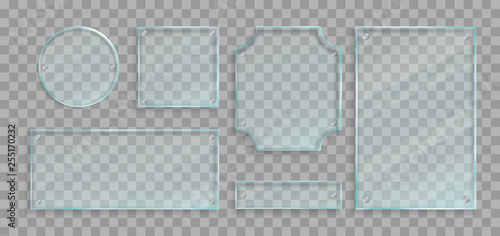 Realistic green transparent glass plates with bolts and shadows set. Vector design elements.