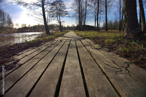 Empty board walk along a tranquil lake or river