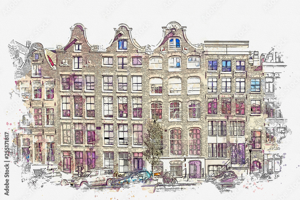 Watercolor sketch or illustration of a beautiful view of traditional residential buildings or urban architecture in Amsterdam in the Netherlands