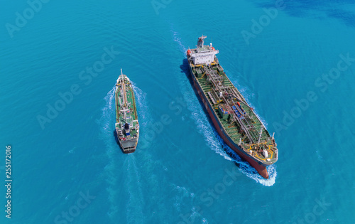 Aerial view Oil ship tanker move opposite directions for transportation from refinery on the sea. © Pawinee