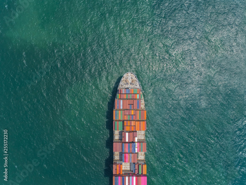 Aerial top view container ship on the sea full load container for logistics, import export, shipping or transportation.