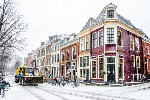 Snow in a street a old town (Leeuwarden, The Netherlands)