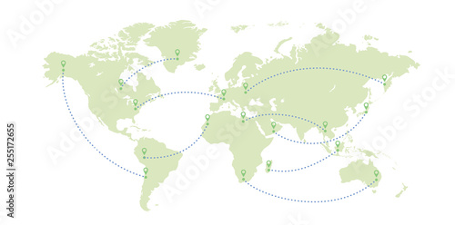 Green world map with aircraft tracks. Vector illustration.