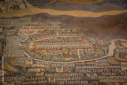 Jordan. Madaba (biblical Medeba) - St. George's Church. Fragment of the oldest floor mosaic map of the Holy Land - the Holy City Jerusalem
