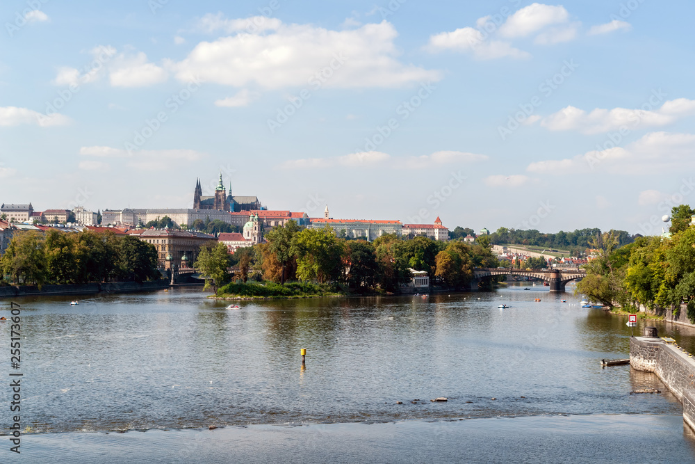 Legion Bridge, aka Most legii, on Vltava river with castle in background - Prague, Czech Republic