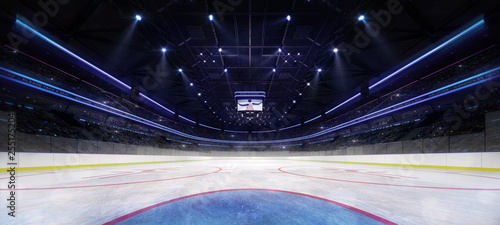 ice hockey stadium interior goalkeeper view illuminated by spotlights, hockey and skating stadium indoor 3D render illustration background, my own design photo