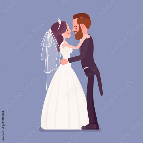 Bride and groom in gentle hug on wedding ceremony. Elegant tuxedo man  woman in beautiful dress on traditional celebration  married couple in love. Marriage customs and traditions. Vector illustration