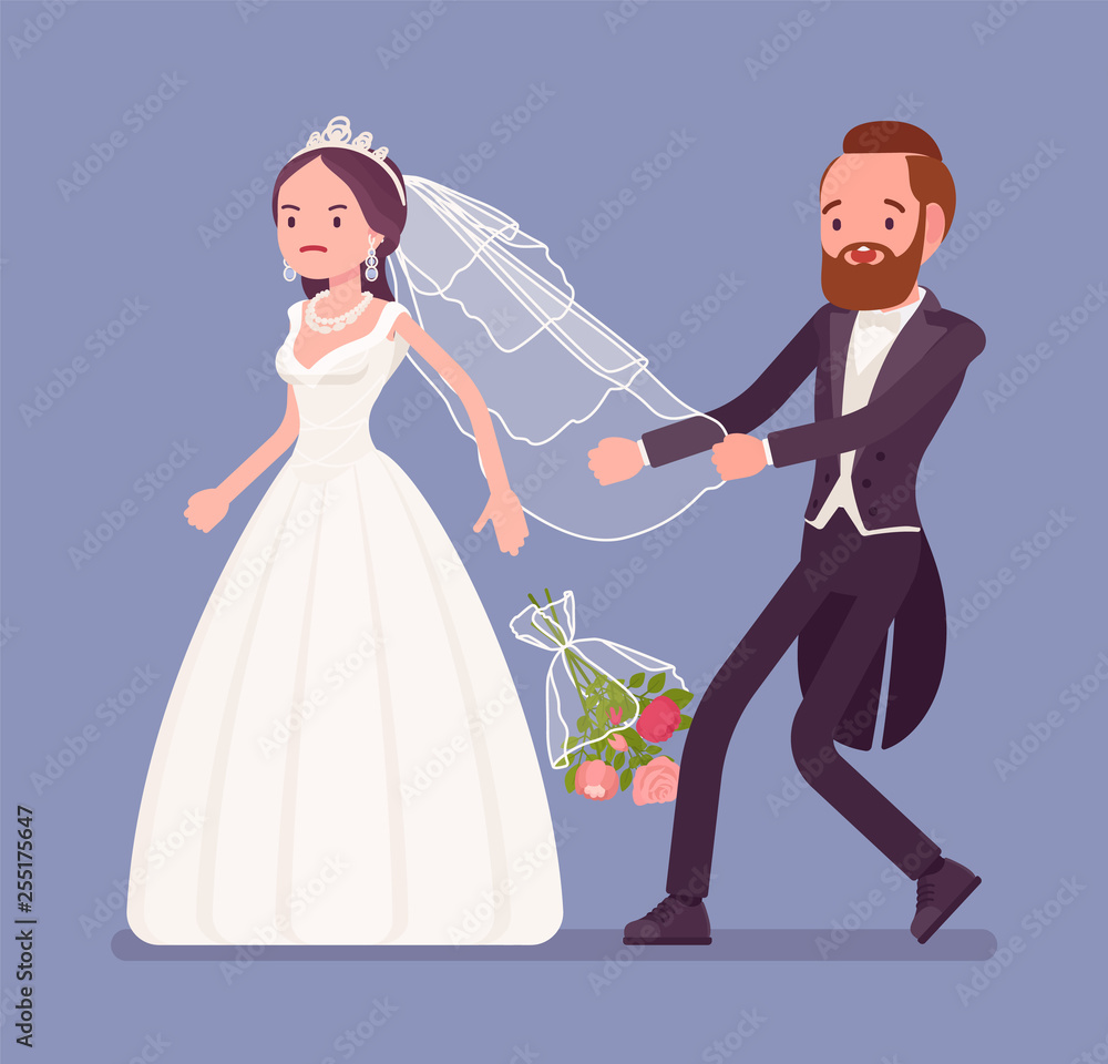 Angry bride leaving groom on wedding ceremony. Unhappy woman in a white dress going away from future husband, changing her mind, refusing to marry, break traditional celebration. Vector illustration Angry bride leaving groom on wedding ceremony. Unhappy woman in a white dress going away from future husband, changing her mind, refusing to marry, break traditional celebration. Vector illustration