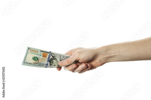 Man hand giving 100 dollar bills isolated on white background. Modern American US dollar note