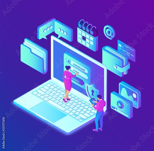 Data protection. Desktop pc with authorization form on screen, personal data protection. User male and female character. Data access, login form on screen. 3d isometric design. Vector illustration.