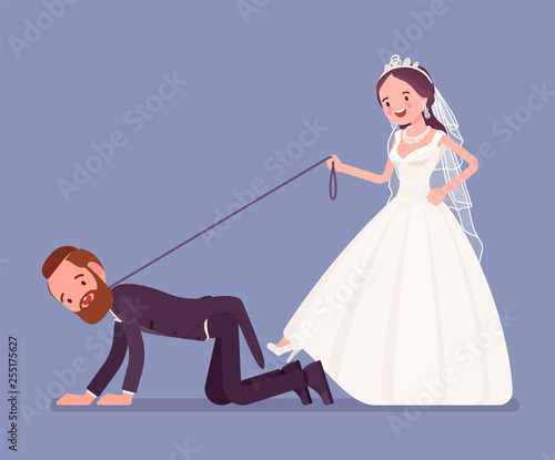 Bride holding groom on dog leash. Unhappy man oppressed by woman on traditional celebration, wife in married couple controlling. Marriage customs, traditions. Vector illustration Vector illustration