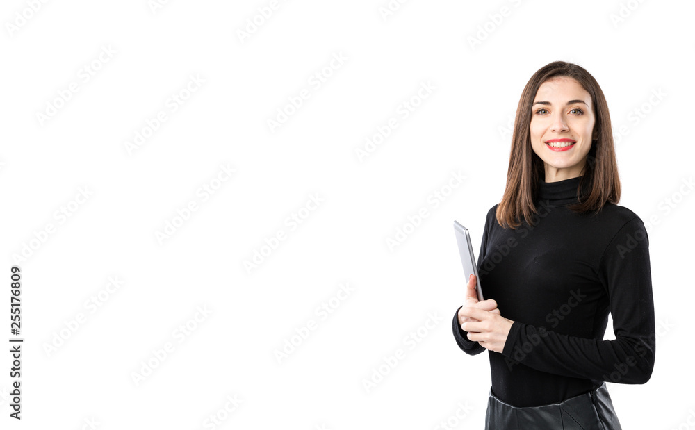 Woman business technology theme. Beautiful young caucasian woman in black shirt posing standing with tablet hands on white isolate background. Profession Marketer Sales Social Media Advertising Woman business technology theme. Beautiful young caucasian woman in black shirt posing standing with tablet hands on white isolate background. Profession Marketer Sales Social Media Advertising