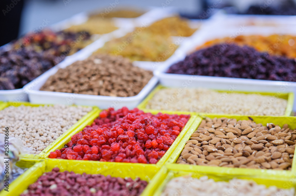 a dry nuts mix in store showcase. a dry nuts mix in store showcase.