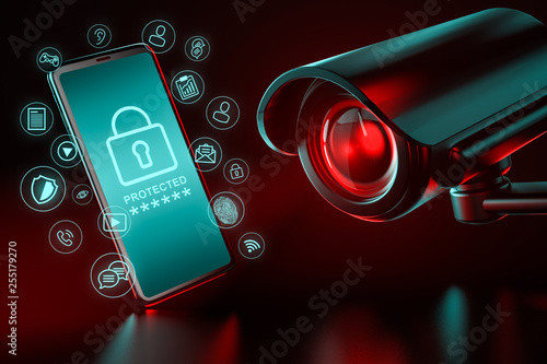 Big CCTV focusing on a smartphone and icons hovering around it as a metaphor of data leakage and ways to protect it. 3D rendering photo