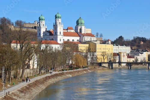 Panoramic view of Passau in February. The Inn river, bridge and old town. Bavaria, Germany, Europe.