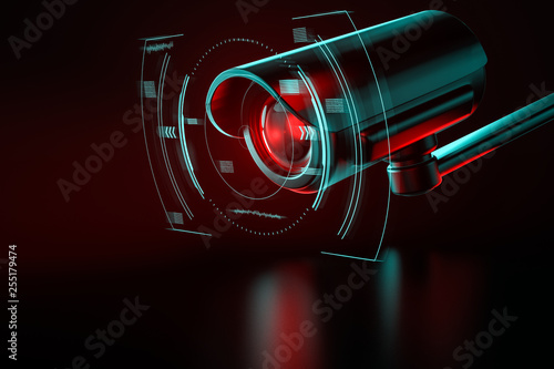 Bild auf Leinwand Security surveillance camera with interface or HUD around it on an even background