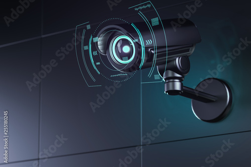 Surveillance camera on wall with futuristic interface around its lens as it analyzes surroundings. 3D rendering