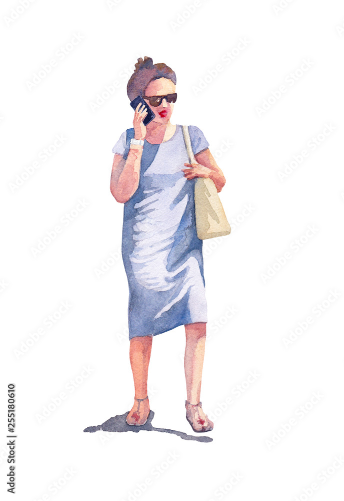 Woman in black sunglasses, a gray linen dress and sandals with a beige bag on her shoulder walking and talking on her mobile phone. Brunette with long hair. Watercolor illustration.