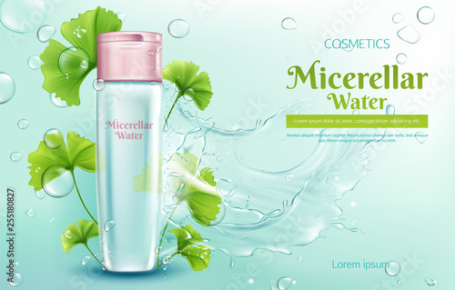 Micellar water with ginkgo biloba extract for makeup cleaning 3d realistic vector advertising banner, poster. Cosmetic product bottle with pink cap, green leaves, water splash and bubbles illustration