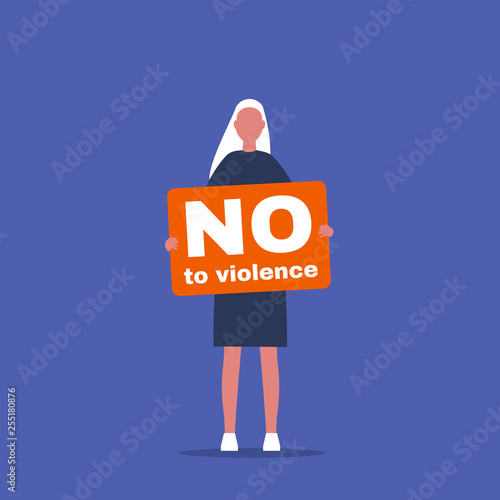 No to violence. Young female activist holding a placard. Demonstration. Human rights. Flat editable vector illustration, clip art