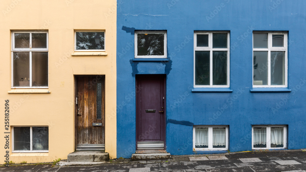 Facade of houses in the historical center of Reykjavik, Iceland
