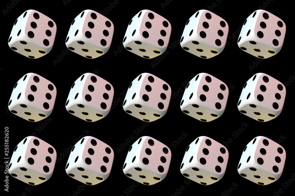 Close up of many playing dice, rotating on black background. Close up of many playing dice, rotating on black background.
