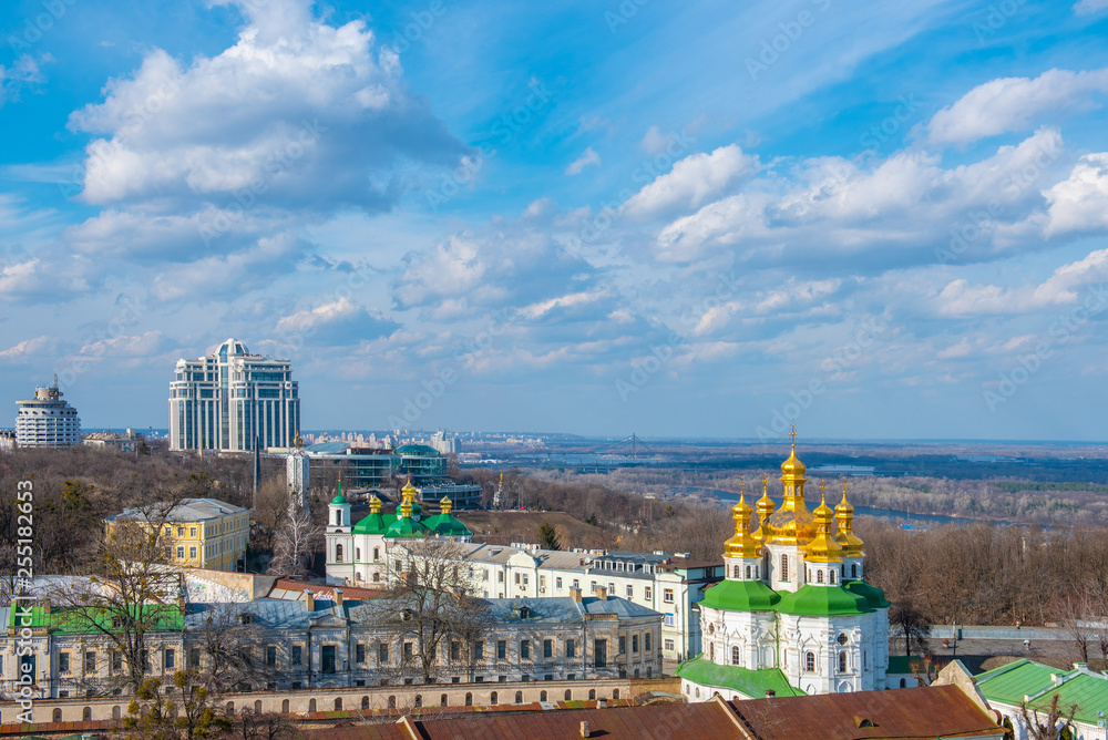 Aerial view on Kyiv city, Dnipro River and Kyiv Pechersk Lavra.