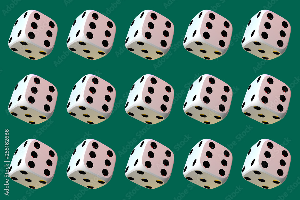 Close up of many playing dice, rotating on dark green background. Close up of many playing dice, rotating on dark green background.