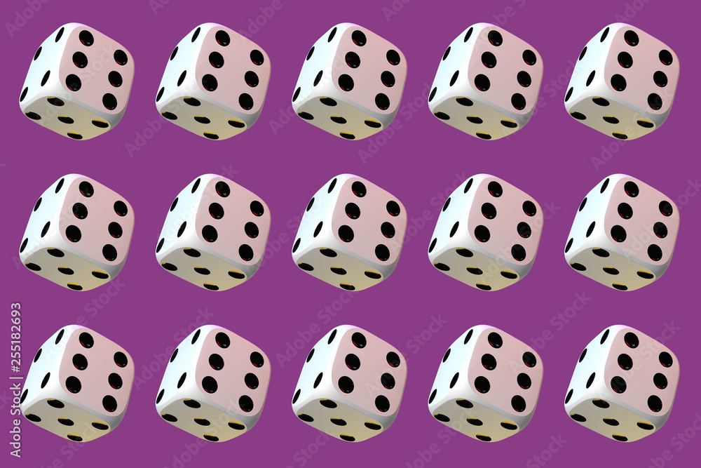 Close up of many playing dice, rotating on dark pink background. Close up of many playing dice, rotating on dark pink background.