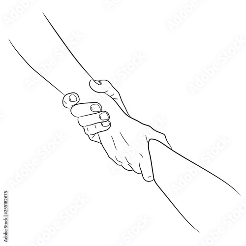 Two hands taking each other helping hand concept pull drag from the contour black brush lines on white background. Vector illustration.