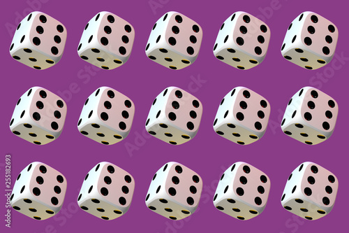Close up of many playing dice, rotating on dark pink background.