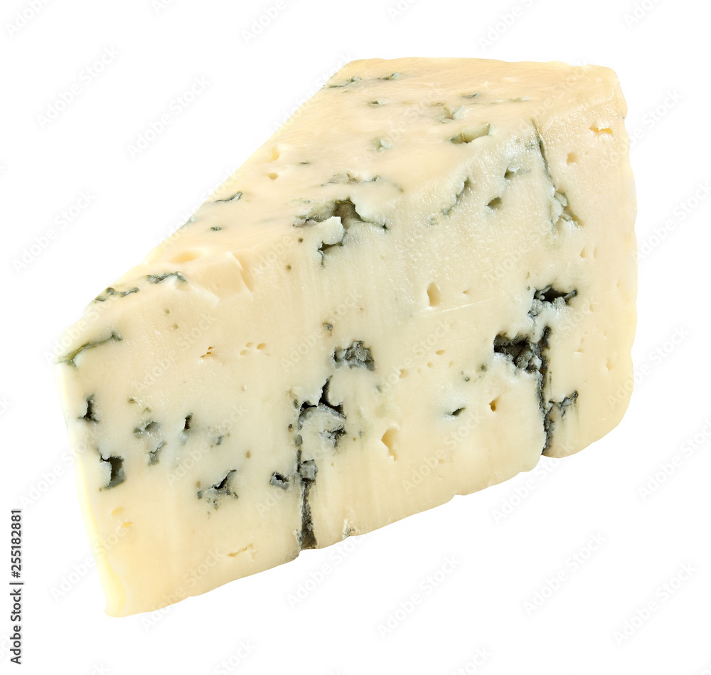 Blue cheese one slice cut off isolated on white background with clipping path.