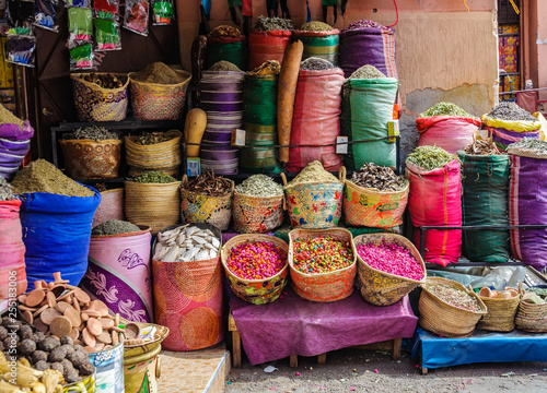 Colorful spices in a local shop in Marrakech, Morocco