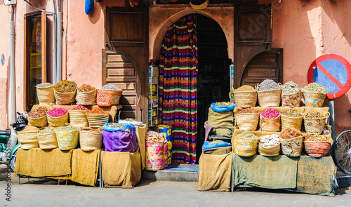 Colorful spices in a local shop in Marrakech, Morocco
