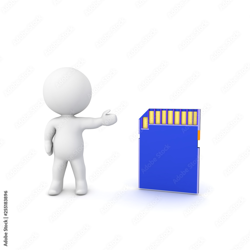 3D Rendering of character showing blue SD Card 3D Rendering of character showing blue SD Card