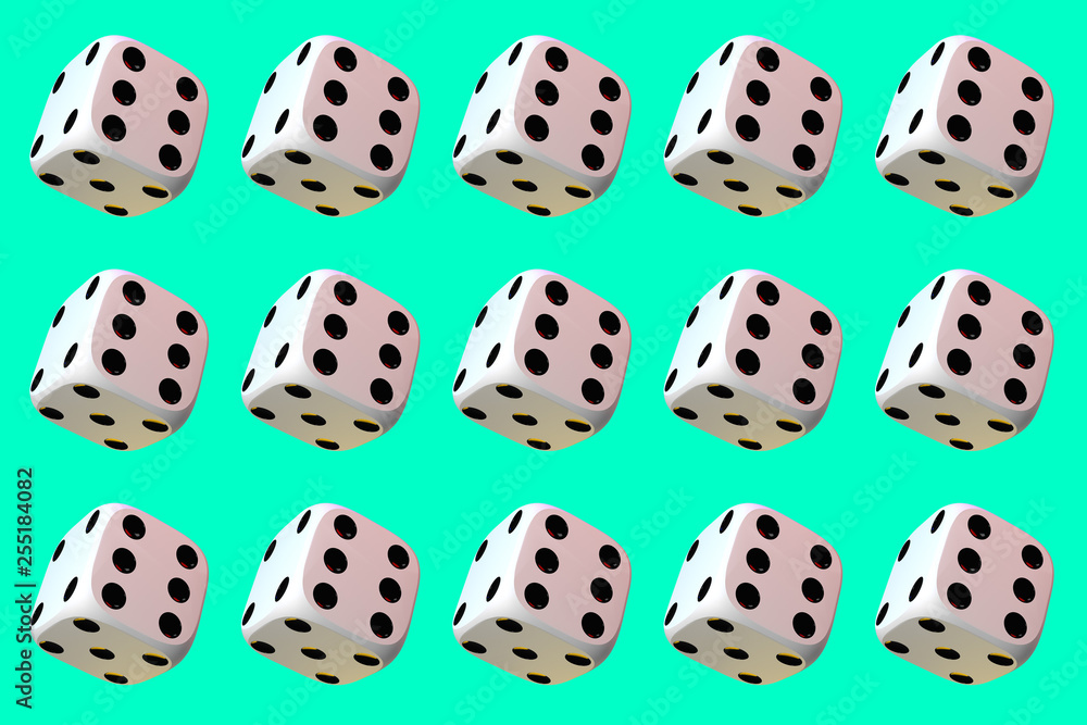 Close up of many playing dice, rotating on light green background. Close up of many playing dice, rotating on light green background.