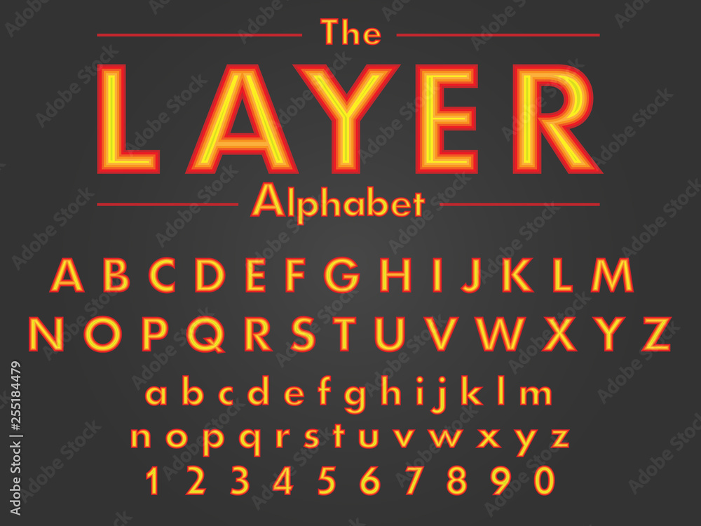 Colorful bright multi-layer font and alphabet