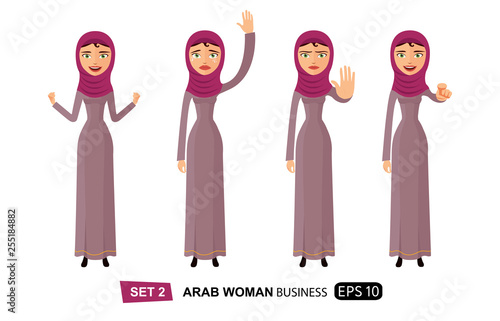 Set of emotions arab business woman waving hand goodbye cartoon vector