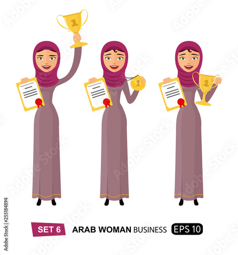 Arab business woman winner success excited raising trophy prize, medal and certificate cartoon isolated 