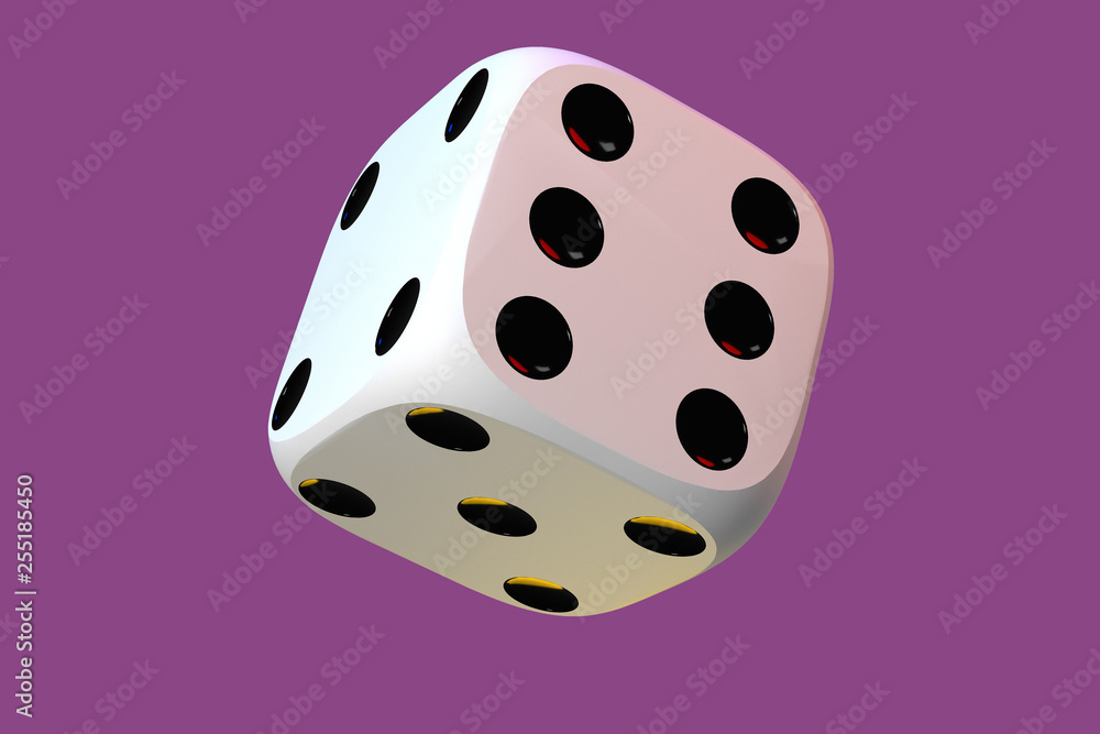 Close up of white playing dice, rotating on dark pink background. Close up of white playing dice, rotating on dark pink background.
