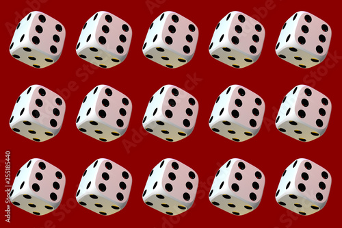 Close up of many playing dice  rotating on dark red background.