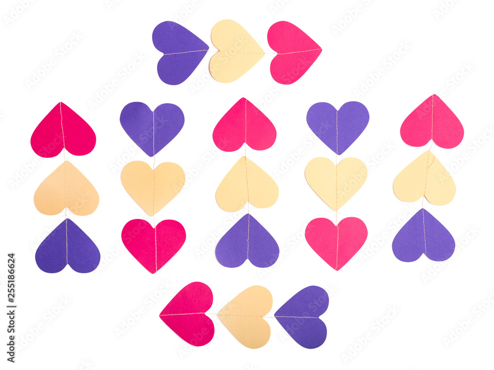 Colorful paper hearts in rows isolated on white background. Flat lay. Top view Colorful paper hearts in rows isolated on white background. Flat lay. Top view